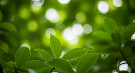 Close up nature view of green leaf on blurred greenery background under sunlight with bokeh and copy space using as background natural plants landscape, ecology wallpaper concept.の素材