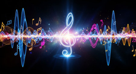 Music background image with treble clef and notes 3D renderingの素材