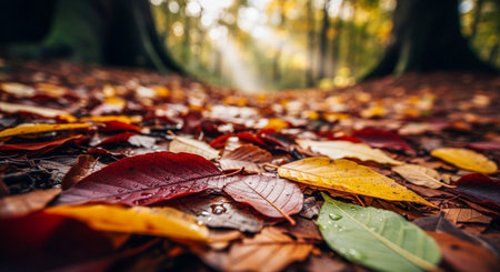 Autumn leaves on the ground in a forest. Autumn background.の素材