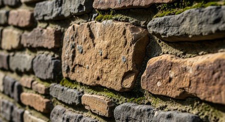 Old brick wall with moss and lichen. Abstract background for design.の素材