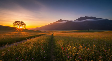Sunset over a meadow with flowers and mountains in the backgroundの素材