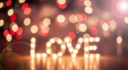 Valentine's Day background with bokeh lights and love wordの素材