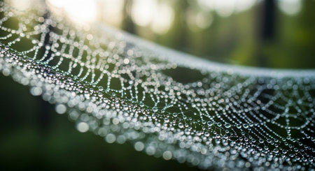 Cobweb with dew drops in the forest at sunrise.の素材