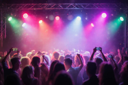 Crowd at a concert in front of a bright stage with lightsの素材