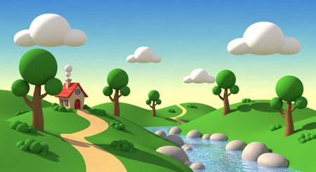 landscape with house and trees - 3d rendered illustration over whiteの素材