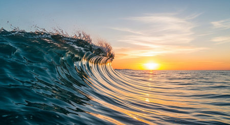 Beautiful sunset on the ocean wave with splashes of water.の素材