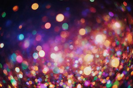 Colorful glitter lights background. Festive blue and purple color sparkling vintage lights background.の素材