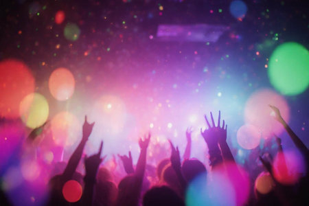 Crowd at a music festival with raised hands in front of bright stage lightsの素材