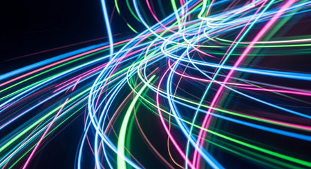 abstract background with colorful lines and bokeh defocused lightsの素材