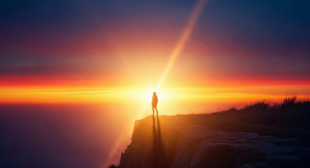 Woman standing on top of the mountain and looking at the sunset.の素材