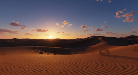 Sunset over the sand dunes in the desert. 3d renderの素材