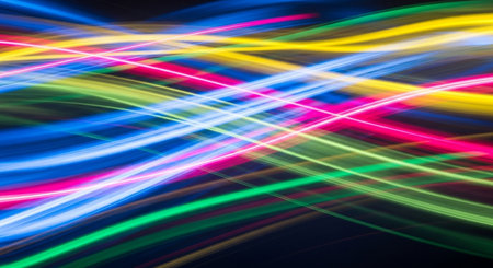 abstract light speed concept. speed motion blur light trail on black backgroundの素材