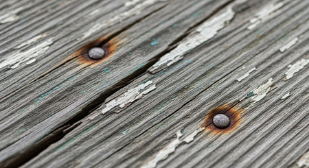 Wooden background with old nail holes, close-up view.の素材