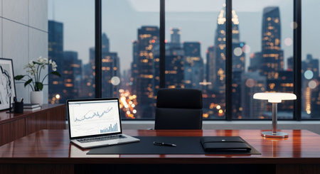 Laptop on a desk in a modern office with a city viewの素材