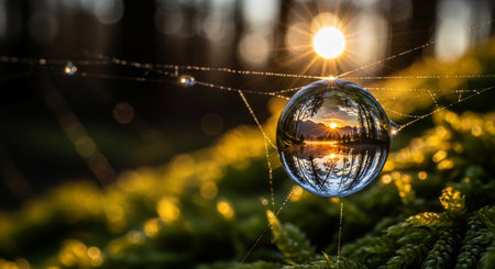 Glass globe with sunrise and dew drops on the green grass.の素材