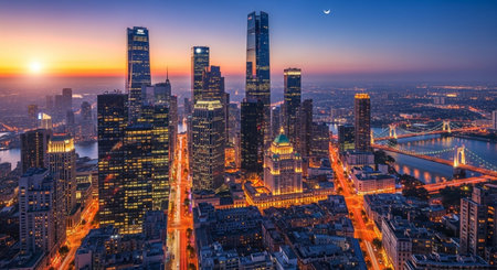 Aerial view of Chicago downtown skyline at sunset, Illinois, USA.の素材