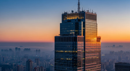 Aerial view of modern skyscrapers at sunrise in Shanghai, Chinaの素材