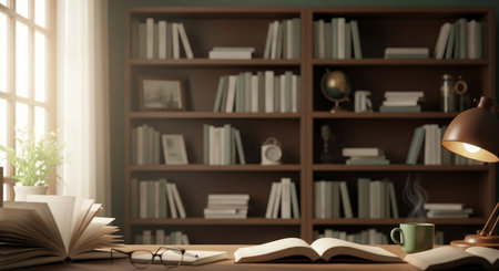 Bookshelf with books, lamp and coffee cup. 3D renderingの素材