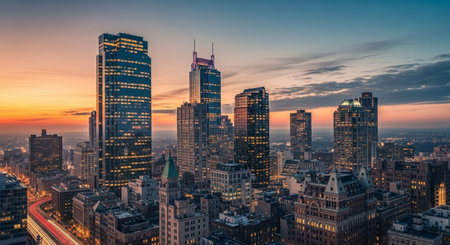 New York City Manhattan skyline panorama with skyscrapers at sunset.の素材