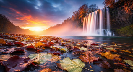 Autumn landscape with waterfall and colorful maple leaves in the foreground.の素材