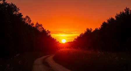 Sunset in the field. Landscape with a road and treesの素材