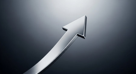 3d rendering of a silver arrow pointing up on a dark backgroundの素材