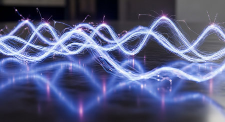 Abstract blue lightning on black background. 3D rendering. Futuristic technology style.の素材