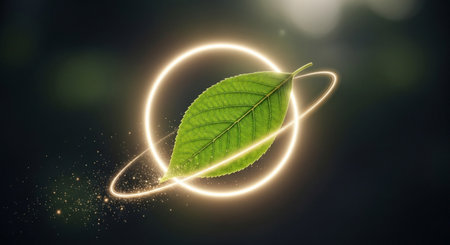 Green leaf in circle with glowing light effect on dark background. 3D renderingの素材
