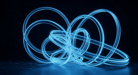 Glowing blue neon circles, abstract background, 3d render illustrationの素材