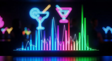 Neon bar counter with bar chart and cocktail. 3d renderingの素材