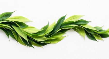 Green leaves on white background. Top view. Flat lay. Nature concept.の素材
