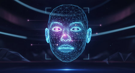 Futuristic cyborg head with glowing lines and dots on dark background 3D renderingの素材
