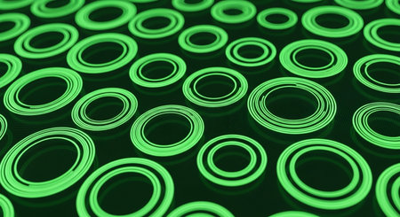 Green neon rings on black background. Abstract background. 3D rendering illustrationの素材