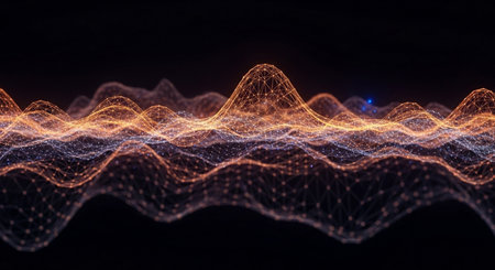 3d rendering of abstract digital wave with glowing particles on black backgroundの素材