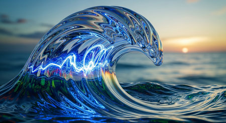 3D illustration of a blue water splash on the sea at sunsetの素材