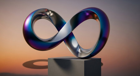 Infinity symbol on pedestal, 3d render, abstract backgroundの素材