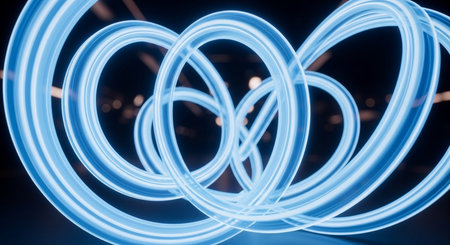 Abstract blue light lines on black background. 3d rendering toned imageの素材