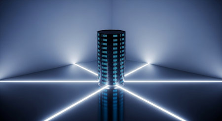 3d render of an empty room with neon lights and a building in the backgroundの素材
