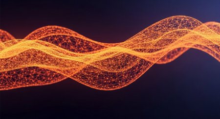 Abstract 3D rendering of a red and orange wave on a dark backgroundの素材