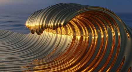Abstract 3d render of wavy surface with glowing golden lines.の素材