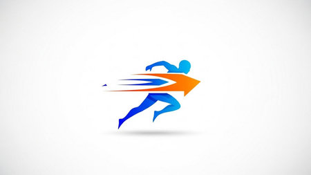 Running man with arrow vector logo template. Running athletethon, jogging concept.の素材