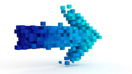 3d rendering of a blue arrow symbol made of cubes in white backgroundの素材