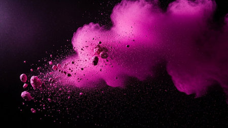 Pink powder explosion on black background. Freeze motion. Colorful dust explode.の素材