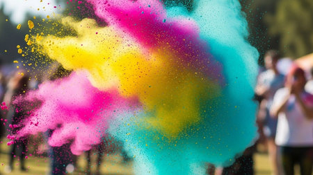 Colorful holi powder explosion on blurred background. Holi color festivalの素材