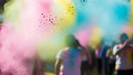 Colorful holi paint splashes with blurred people in the backgroundの素材