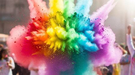 Multicolored powder explosion. Happy people celebrate Holi festival.の素材