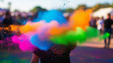 Colorful holi powder explosion in the hands of a young manの素材