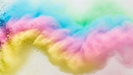 Colorful powder explosion isolated on white background. Abstract colored dust cloud.の素材