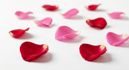 Red rose petals on white background, shallow depth of field.の素材