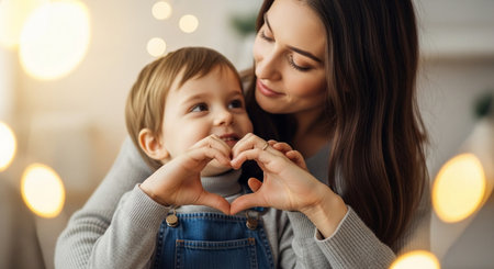 happy mother and little son making heart shape with fingers at christmasの素材